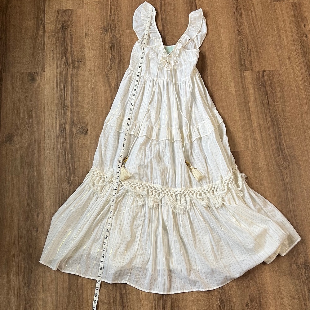 True Destinations White Gold Threaded Bohemian Tiered Maxi Dress Sz S - Picture 13 of 15